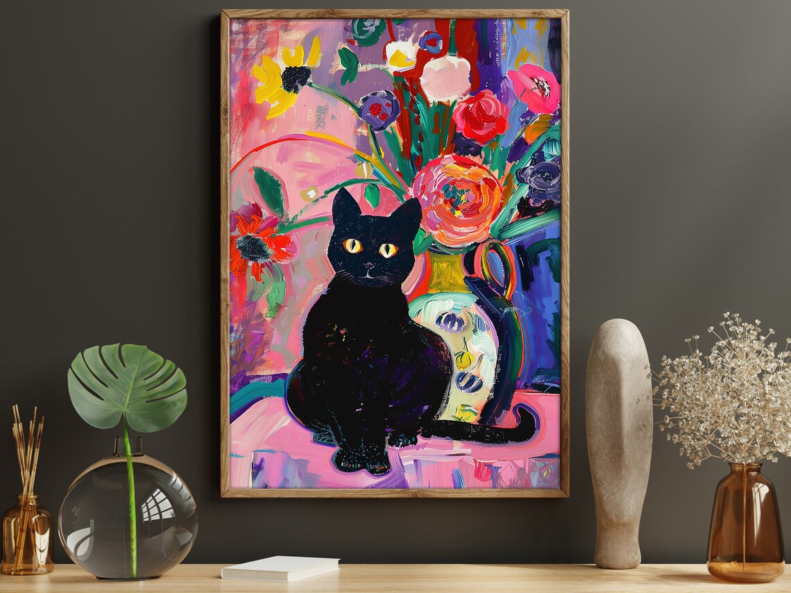 Matisse-Inspired Black Cat and Flowers Art Print - Image 4