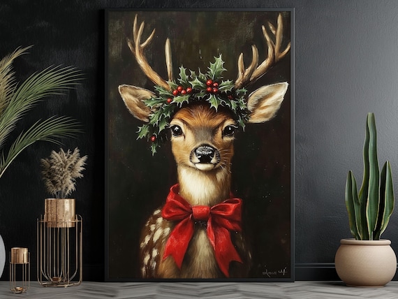 Vintage Christmas Reindeer Painting, Christmas Poster Print