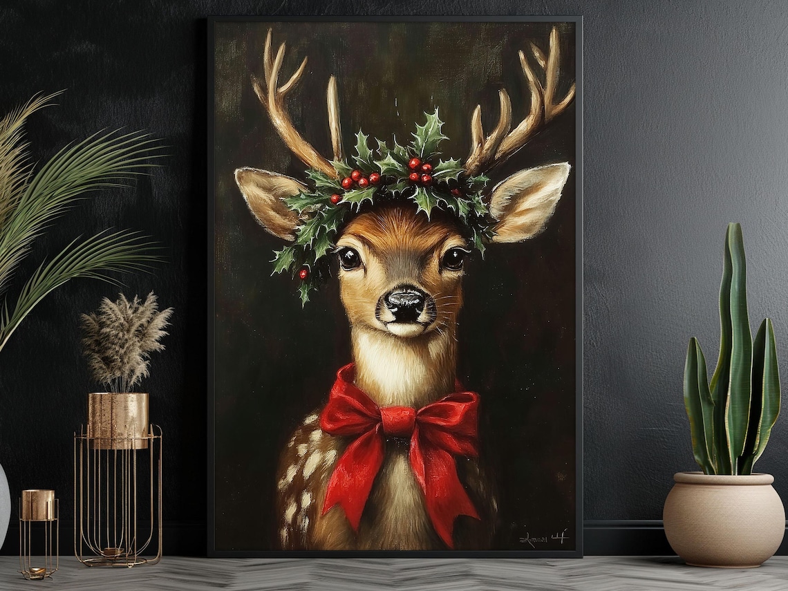 Vintage Christmas Reindeer Painting, Christmas Poster Print