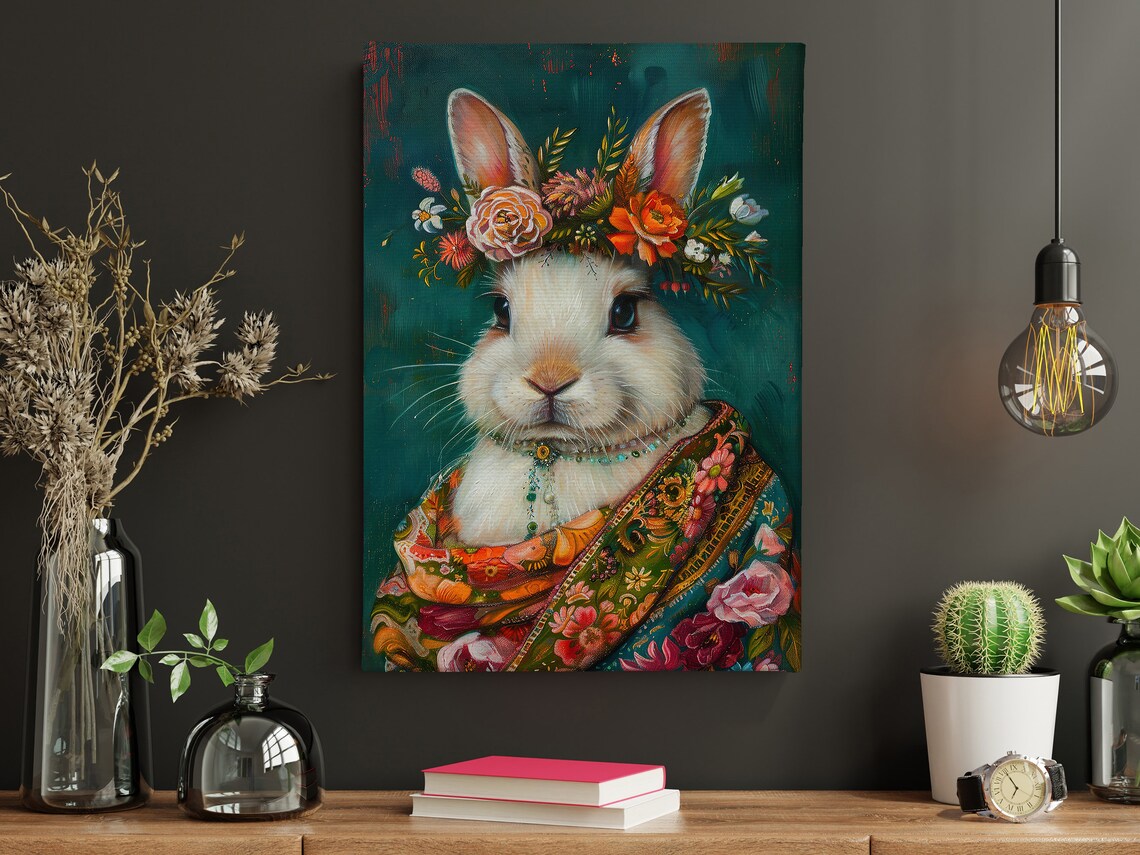 White Rabbit Flower Crown Floral Shawl Maximalist Animal Poster - Image 4