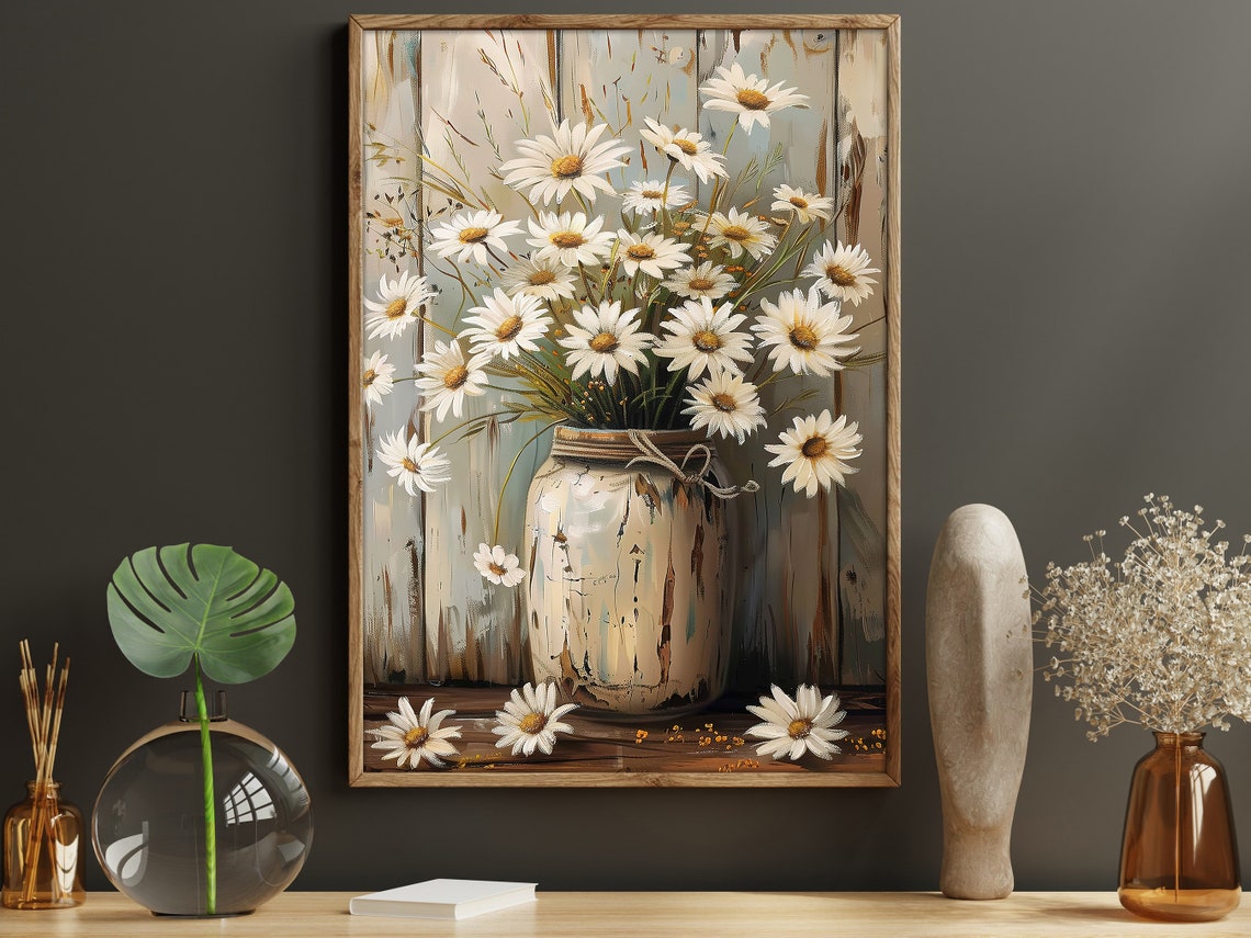 White Daisies In Rustic Vase Farmhouse Floral Still Life Wall Poster