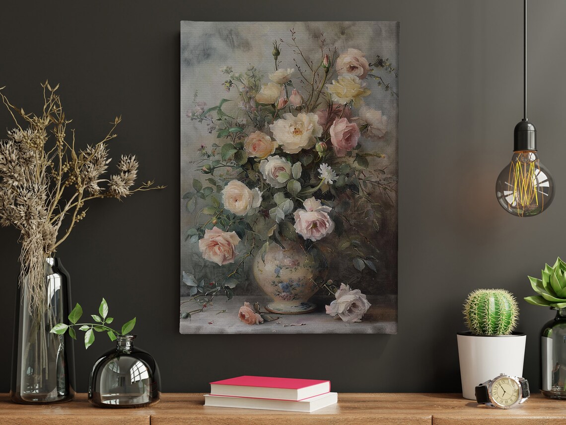 Pale Pink Roses Bouquet Vintage Porcelain Vase Soft Floral Art Poster - Image 4