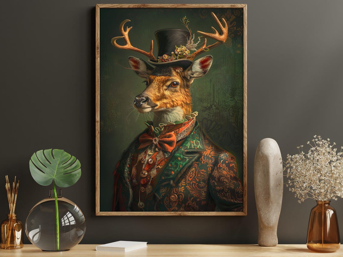 Gothic Gentleman Stag Portrait With Antlers Top Hat Vintage Art Print - Image 6