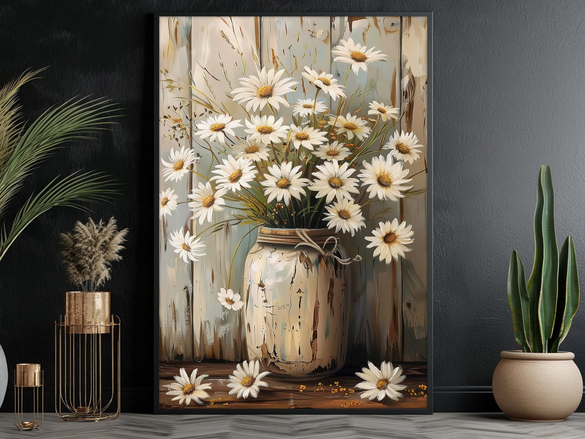 White Daisies In Rustic Vase Farmhouse Floral Still Life Wall Poster - Image 3