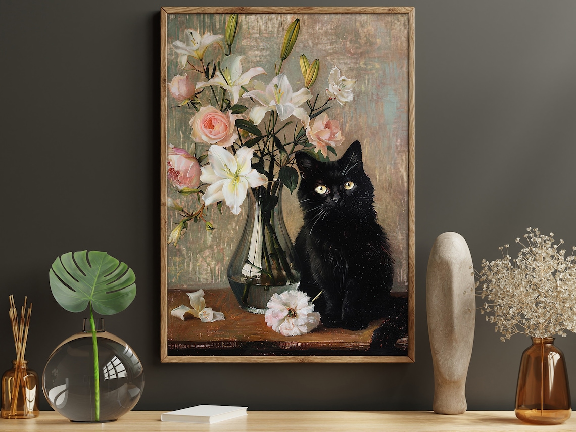 Vintage Black Cat and Flowers Vase Cottage Art Print