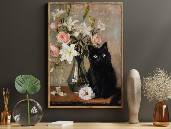Vintage Black Cat and Flowers Vase Cottage Art Print