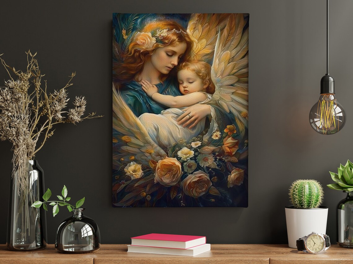 Guardian Angel Holding Sleeping Baby Golden Wings Floral Faith Poster - Image 4