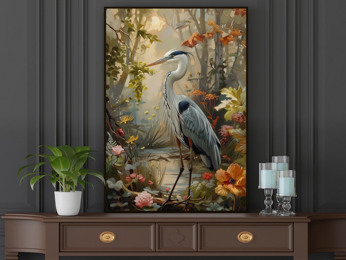 Grey Heron Standing By Forest Stream Autumn Blooms Wildlife Poster - Image 5