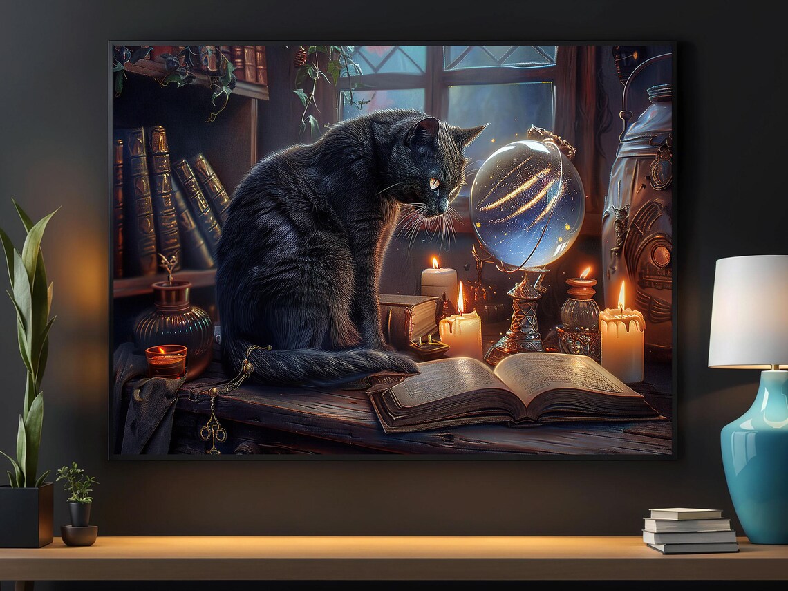 Gothic Cat Witch Poster, Halloween Wall Art Print