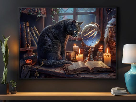 Gothic Cat Witch Poster, Halloween Wall Art Print