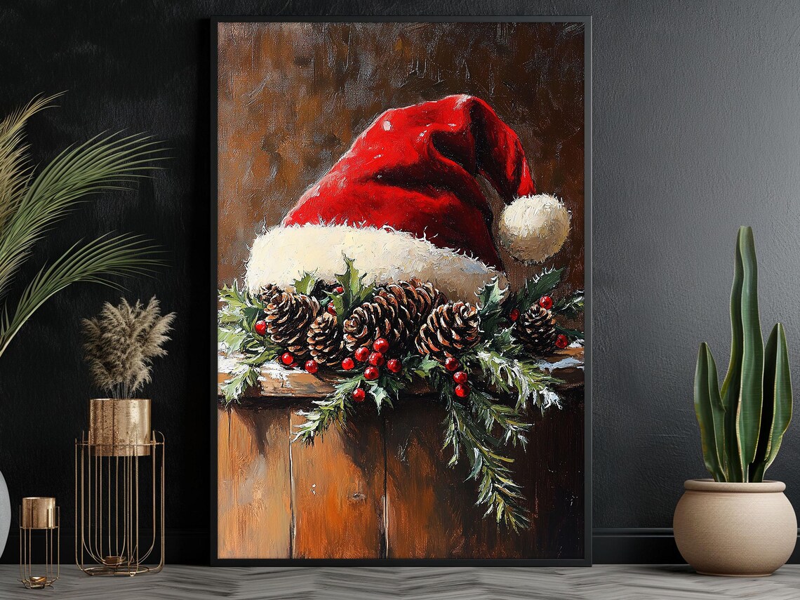Vintage Santa Hat Painting, Christian Christmas Poster