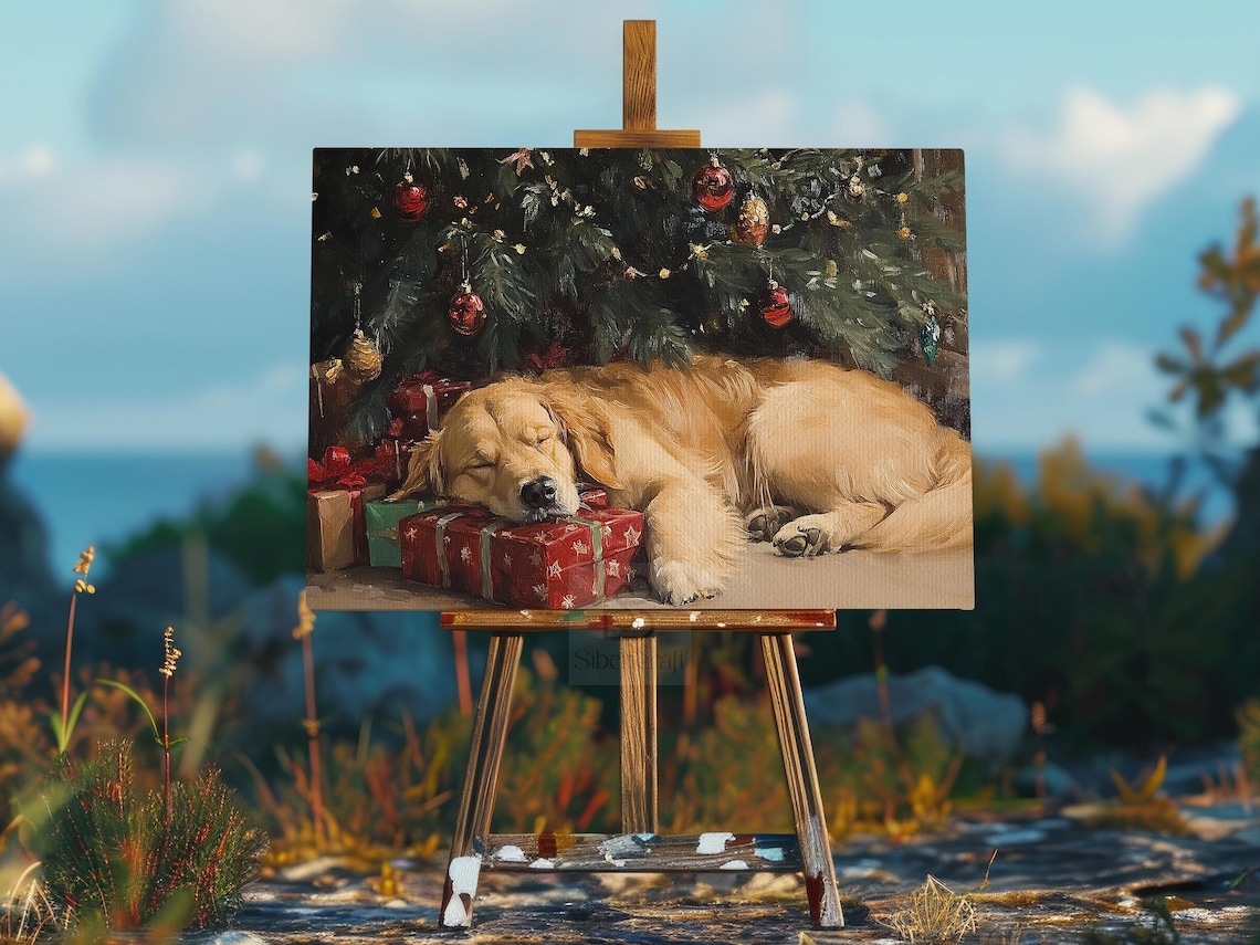 Golden Dog Sleeping Christmas Poster Art Print - Image 2