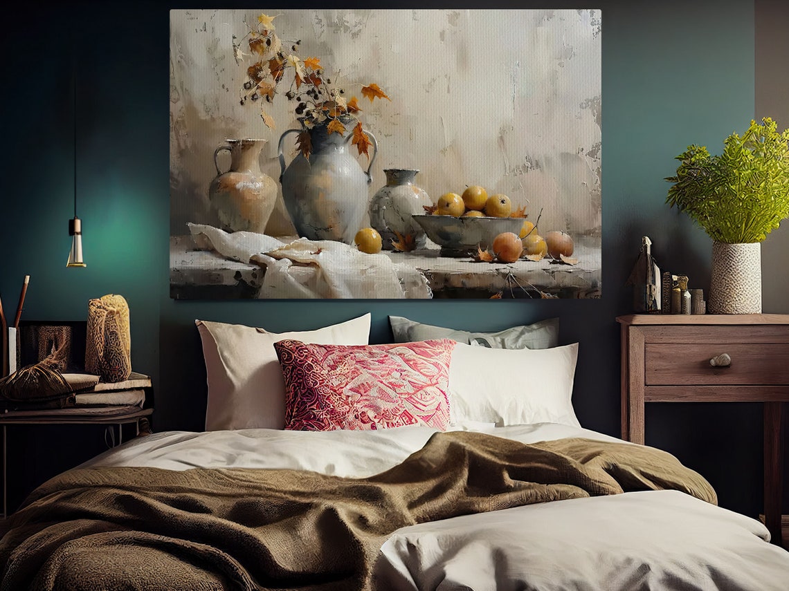 Autumn Still Life With Vases Yellow Pears Fall Leaves Muted Art Poster - Image 5