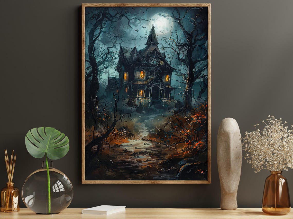 Haunted Victorian House At Night Moonlit Spooky Halloween Art Poster - Image 6