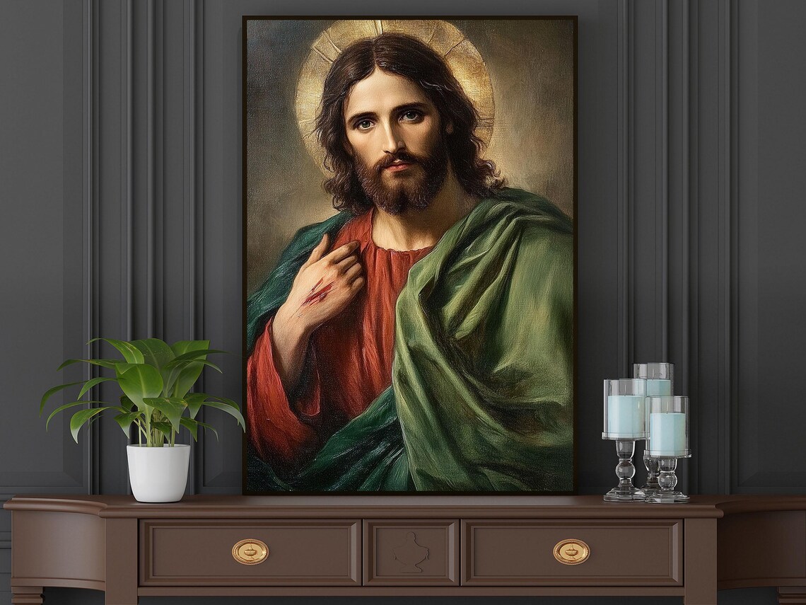 Classic Jesus Christ Portrait With Golden Halo Red Robe Religious Print - Image 4