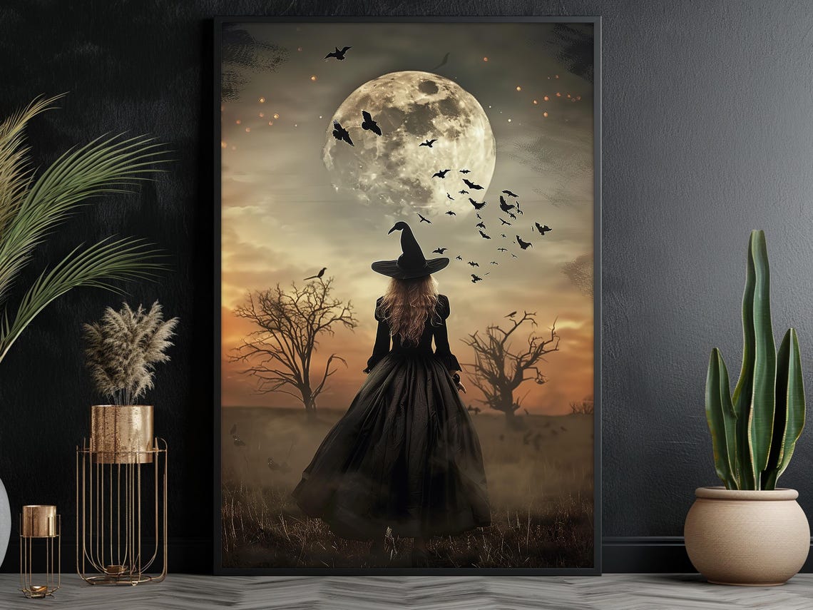 Witch In Field Under Full Moon With Bats Spooky Halloween Art Print - Image 6