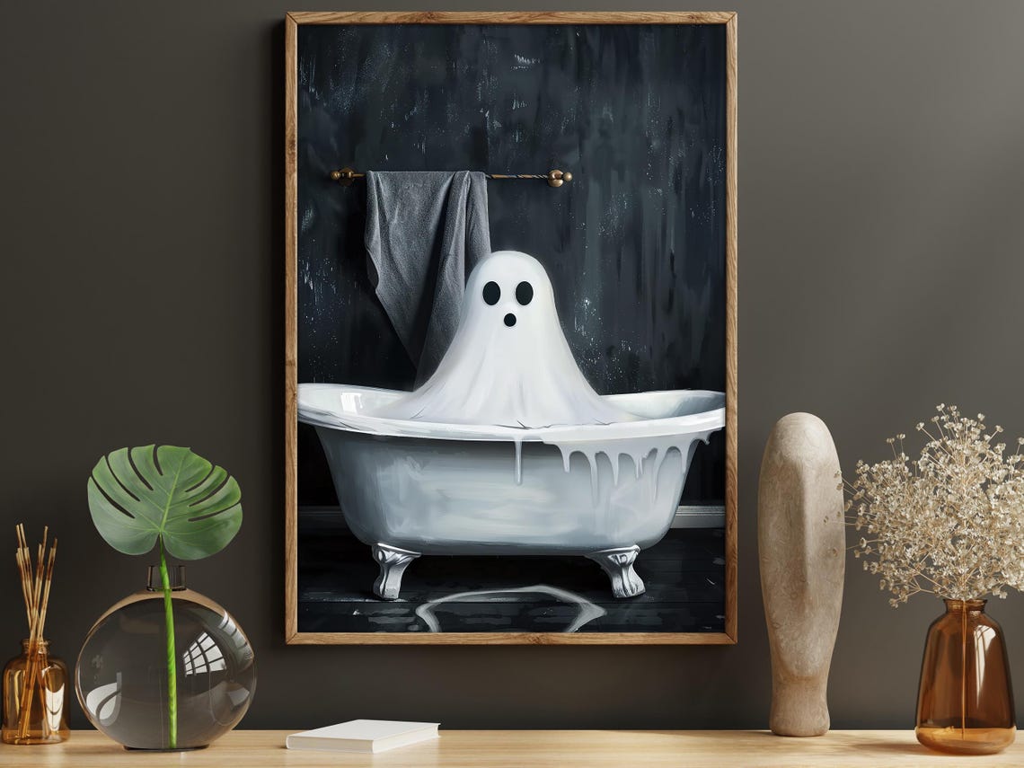 Surprised Ghost In White Bathtub Dark Funny Halloween Art Poster - Image 6