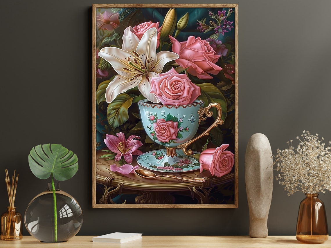 Pink Roses And White Lily In Porcelain Teacup Still Life Art Poster