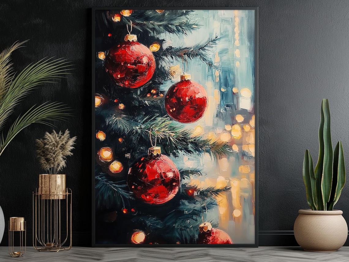 Vintage Christmas Bauble Art Print, Cottage Winter Tree
