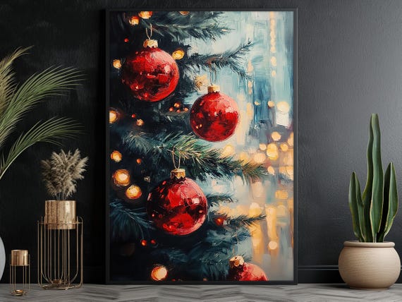 Vintage Christmas Bauble Art Print, Cottage Winter Tree