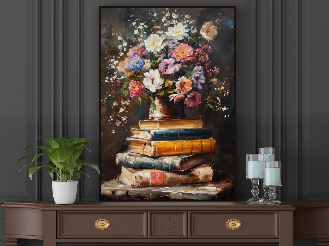 Vintage Flowers Vase And Books Oil Painting Flowers Vase Print Cottage Flowers Flowers Poster Flowers Wall Art - Image 5