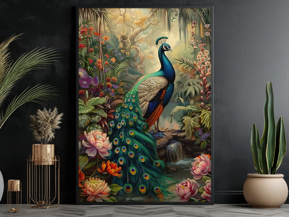 Majestic Peacock With Full Tail In Tropical Floral Jungle Bird Poster - Image 3