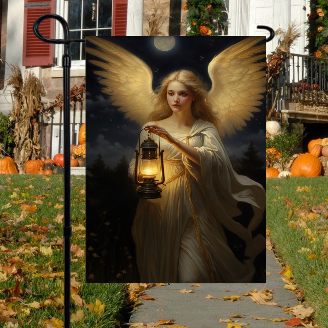Angel Holding Lantern Under Full Moon Night Christmas Garden Flag Decor - Image 4