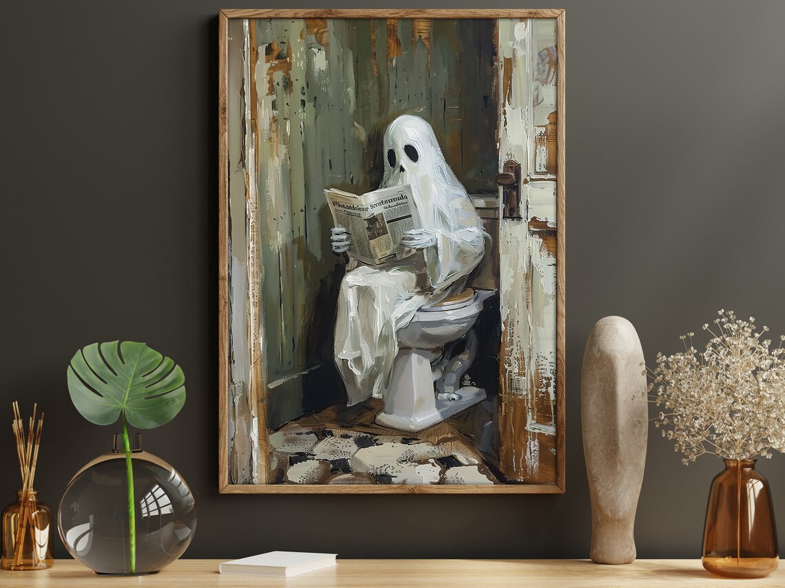 Funny Ghost Reading Newspaper On Toilet Vintage Halloween Bathroom Poster