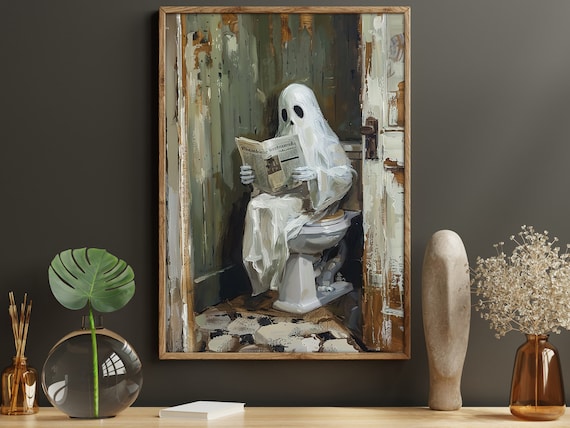 Funny Ghost Reading Newspaper On Toilet Vintage Halloween Bathroom Poster