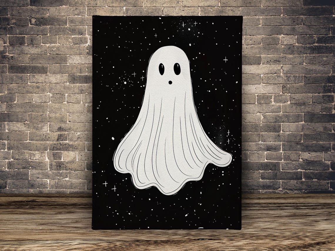 Minimalist Cute White Ghost on Black Starry Night Sky Art Poster - Image 2