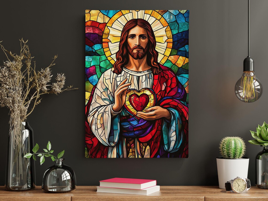 Jesus Christ Sacred Heart Stained Glass Style Portrait Religious Wall Art - Image 4
