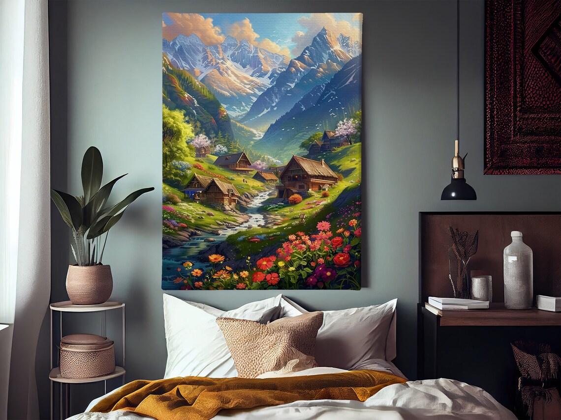 Vintage Peaceful Village Oil Painting Dreamy Land Art Print Landscape Print Flowers Wall Art Landscape Print - Image 2