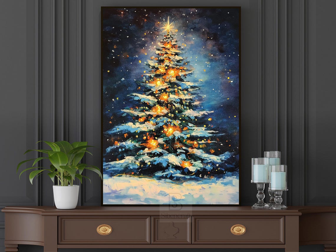 Glowing Christmas Tree With Golden Lights On Starry Snowy Night Poster - Image 6