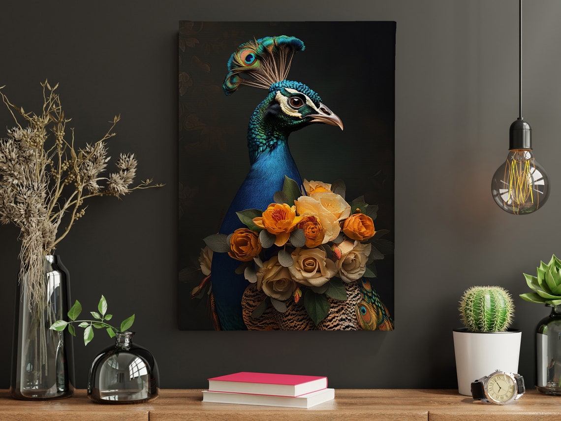 Royal Peacock Portrait With Cream Orange Roses Dark Animal Art Poster - Image 2