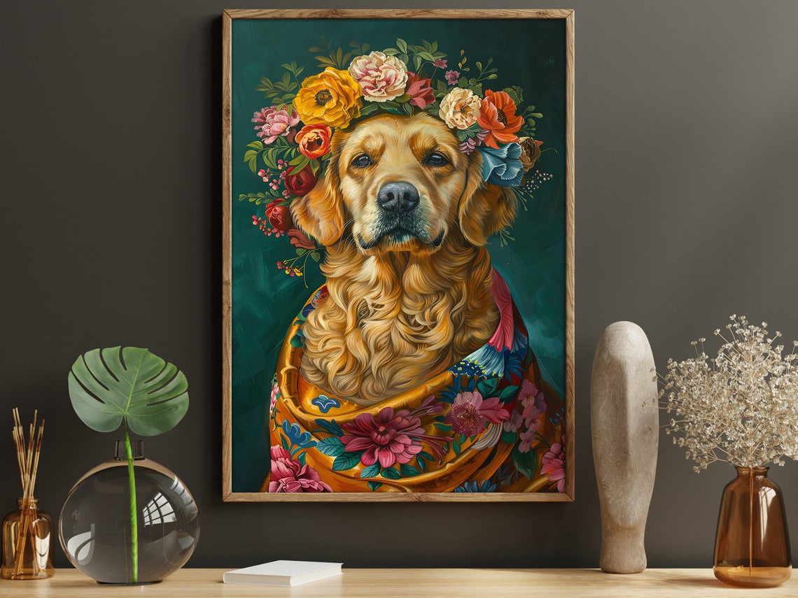 Matisse Maximalist Floral Golden Retriever Painting Cottage Dog Print Dog Print Animal Poster Print Wild Animal Wall Art