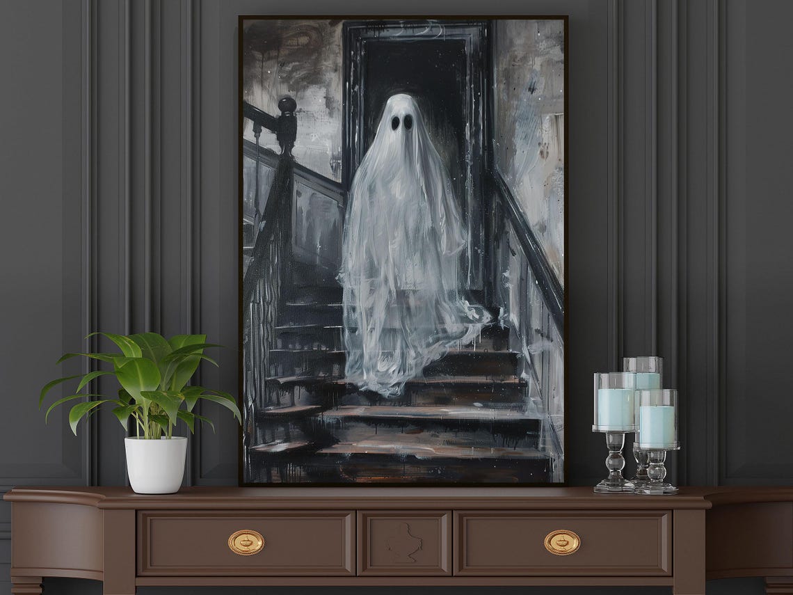 Spooky White Ghost On Dark Stairs Haunted House Halloween Poster - Image 3