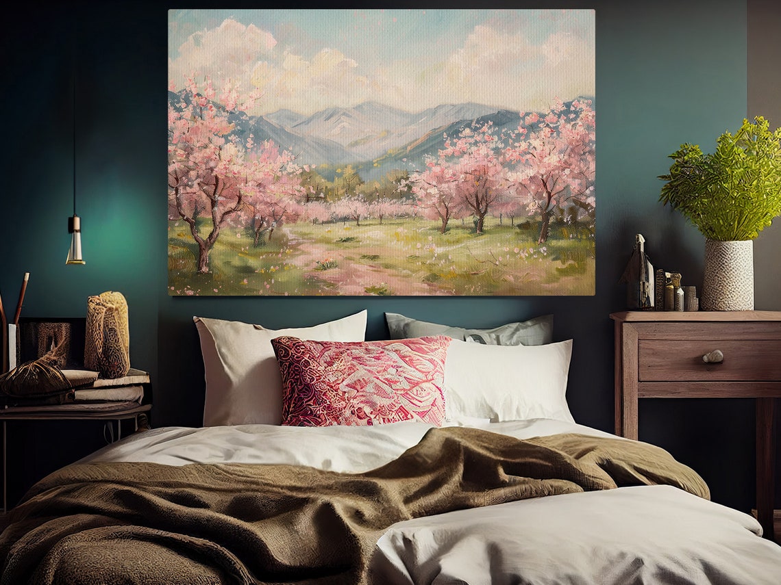 Cherry Blossom Orchard In Spring With Mountains Landscape Art Poster - Image 5