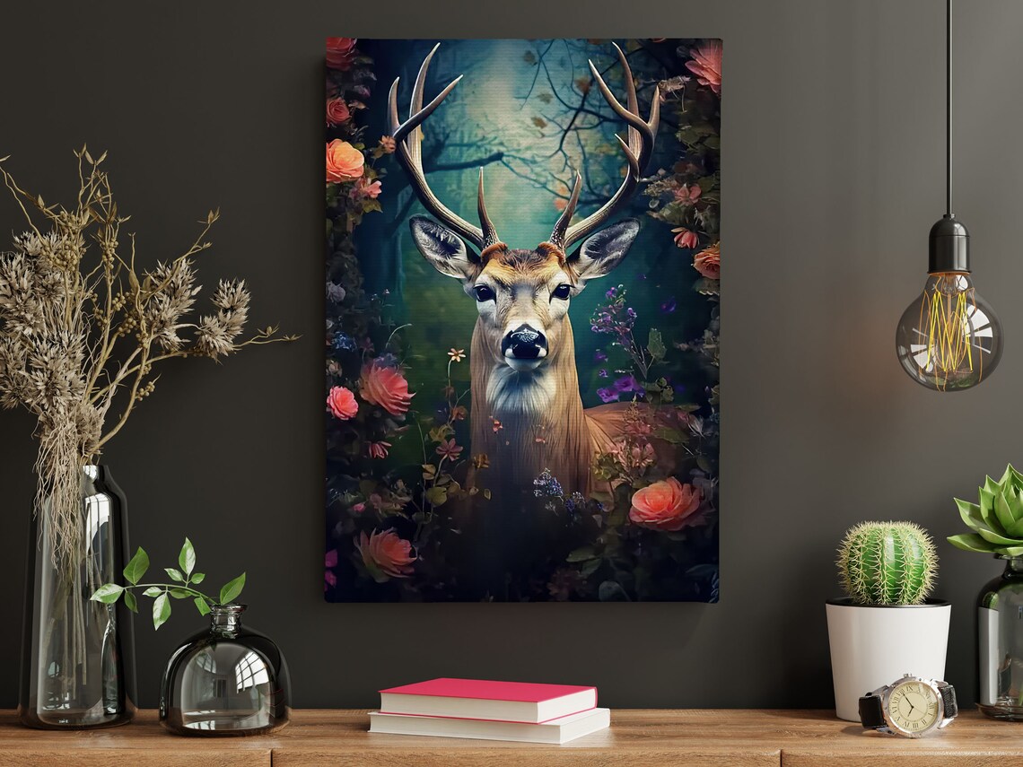 Majestic Stag Antlers Moonlit Blue Forest Flowers Enchanted Wildlife Art - Image 4