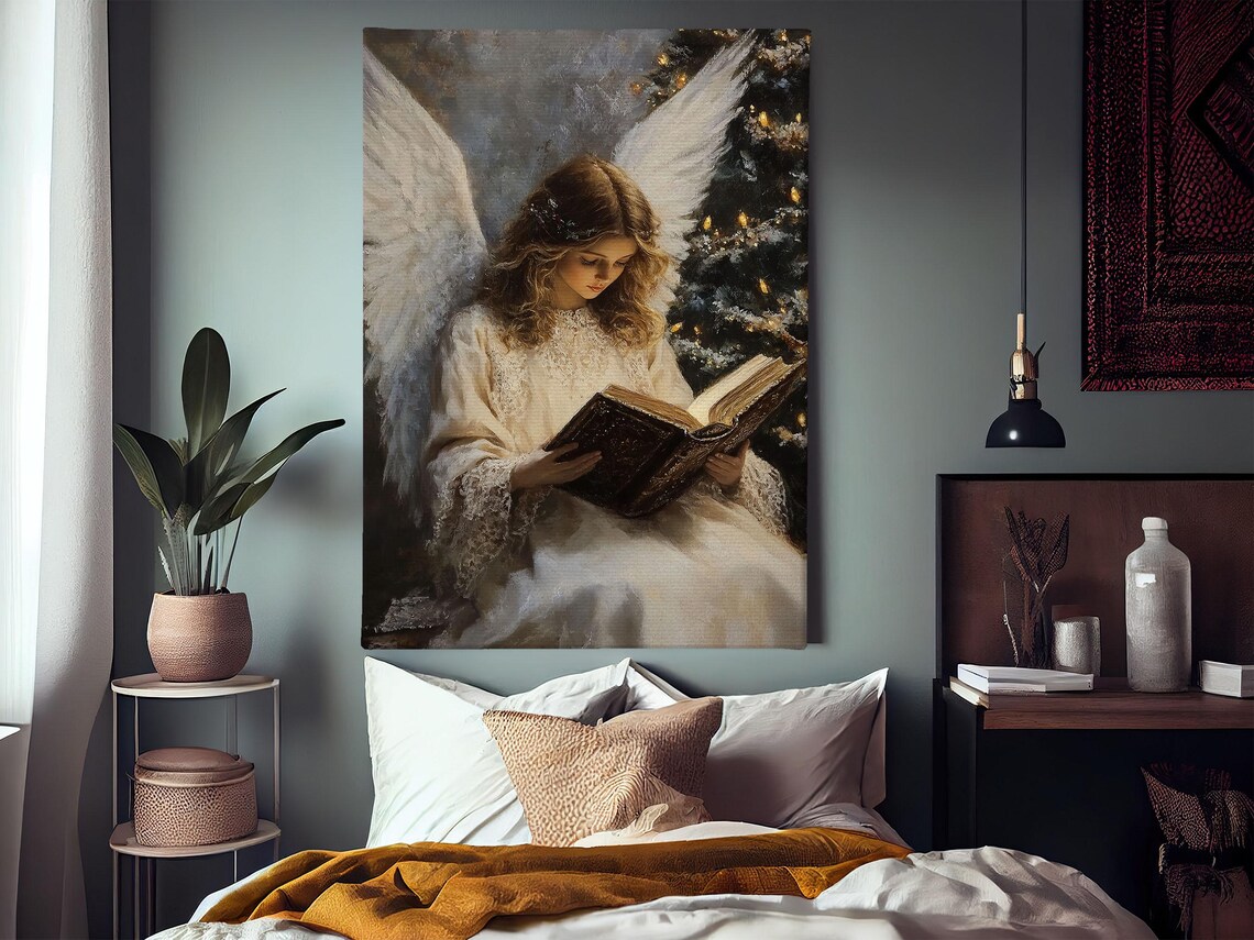 Angel Girl Reading Book Christmas Tree Lights Vintage Christian Art Painting Poster - Image 3