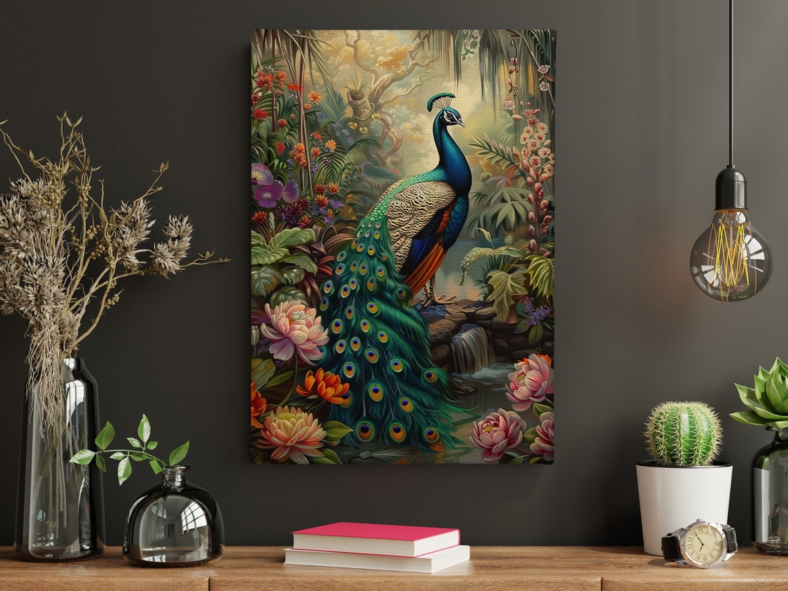 Majestic Peacock With Full Tail In Tropical Floral Jungle Bird Poster - Image 4