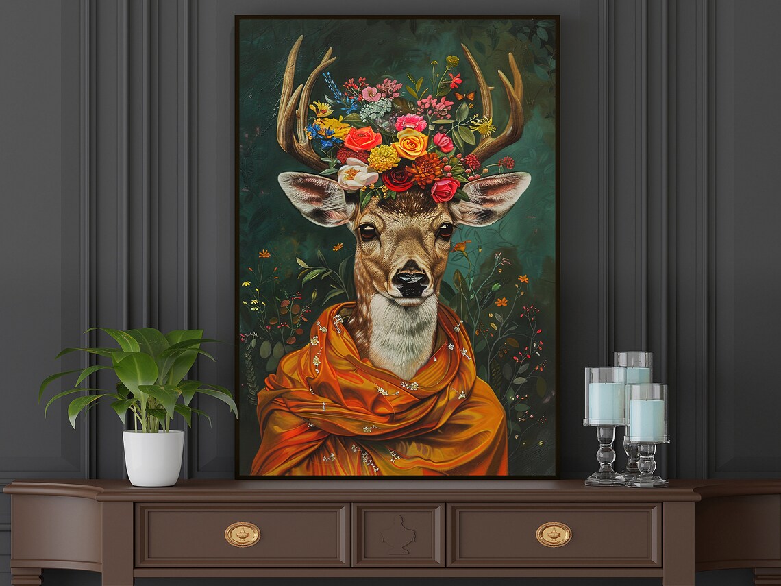 Deer With Flower Crown Orange Shawl Antlers Maximalist Floral Art Poster - Image 5