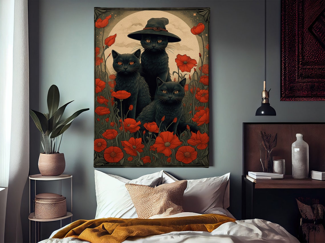 Three Black Cats In Red Poppy Field With Full Moon Halloween Poster - Image 4