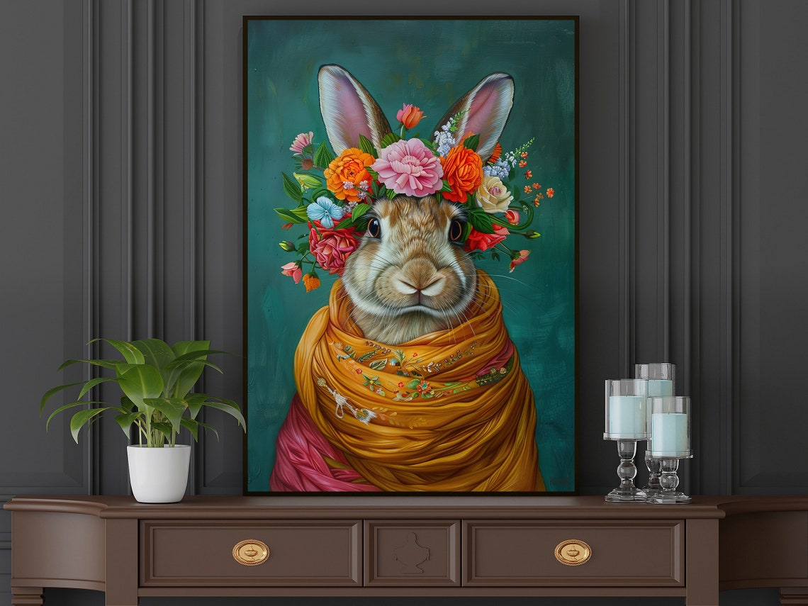 Rabbit With Flower Crown Golden Shawl Whimsical Floral Animal Poster - Image 5