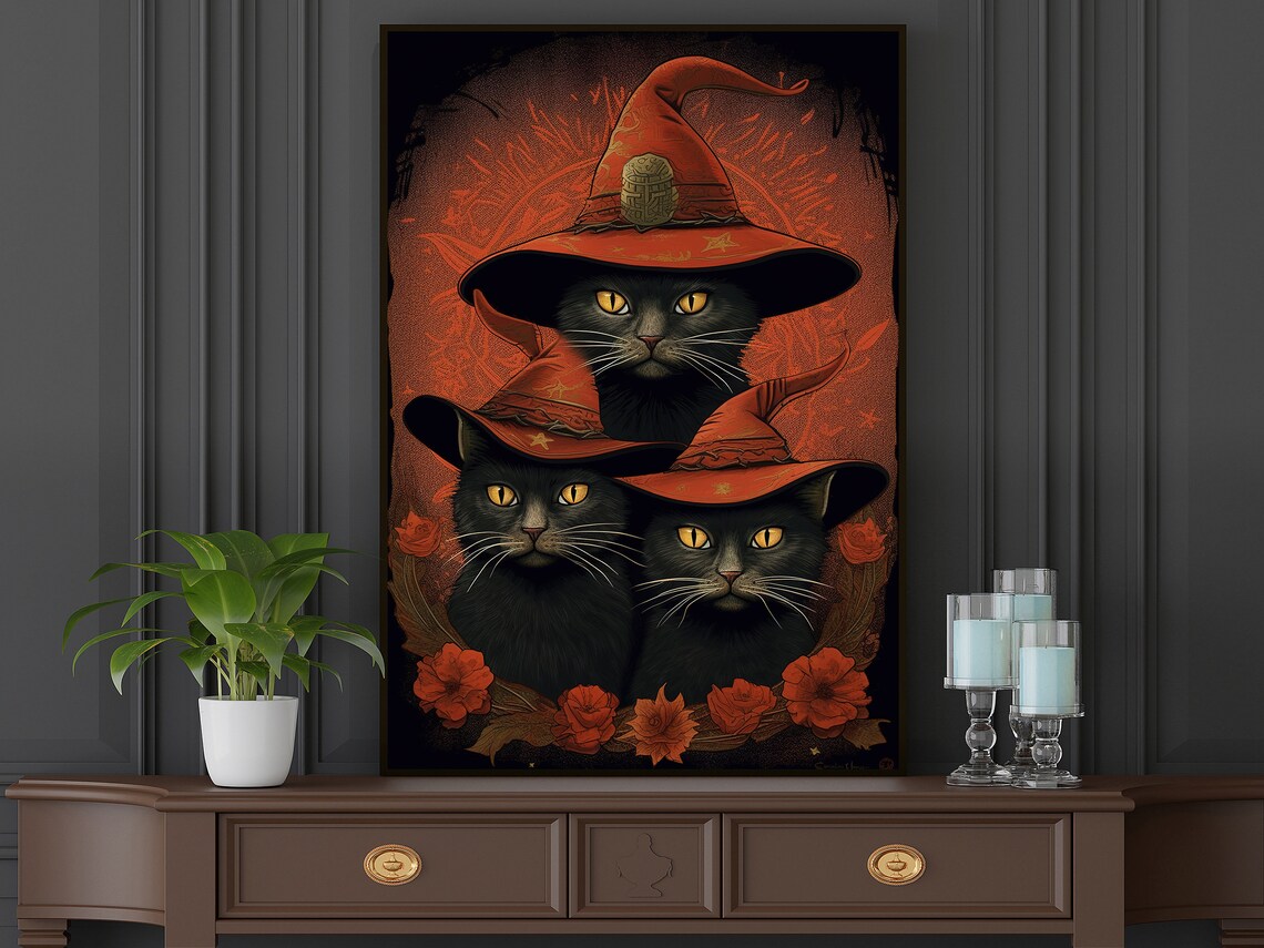 Three Black Cats In Red Witch Hats Halloween Floral Vintage Style Poster - Image 2