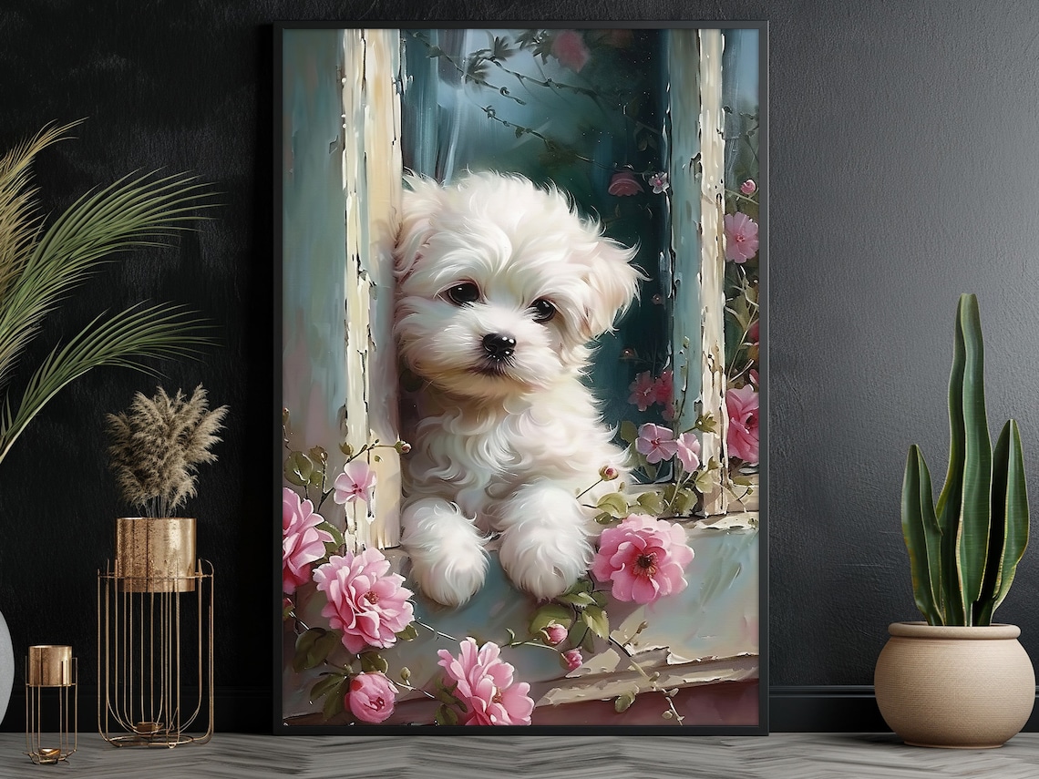Cute Dog On The Window Oil Painting, Floral Print