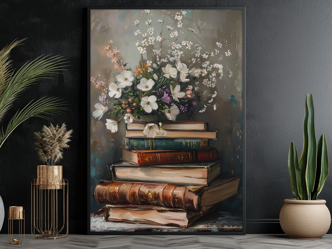 Vintage Flowers And Books Painting Flowers Vase Print Cottage Flowers Flowers Poster Flowers Wall Art - Image 3