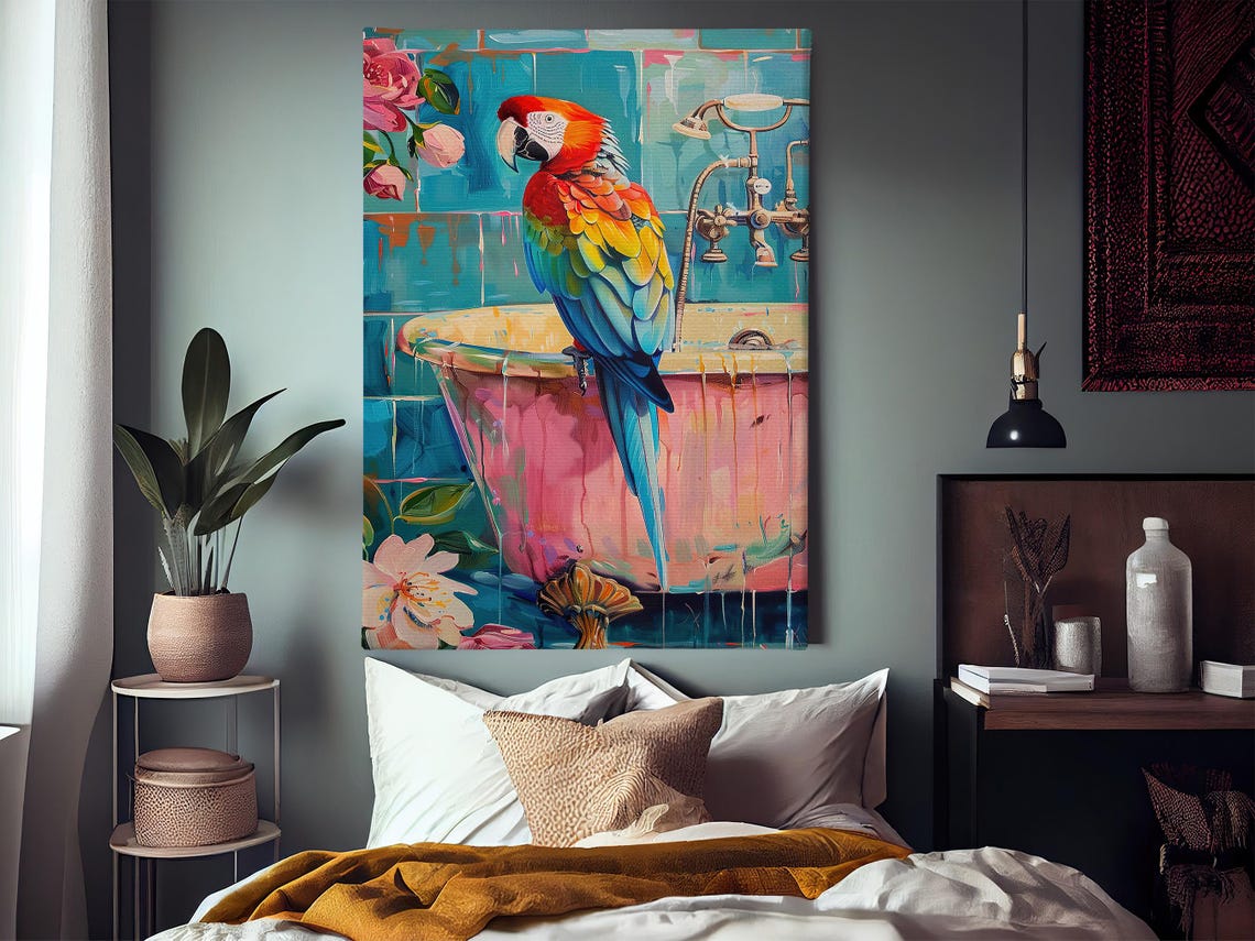 Scarlet Macaw Parrot On Pink Bathtub Tropical Bathroom Art Print - Image 4