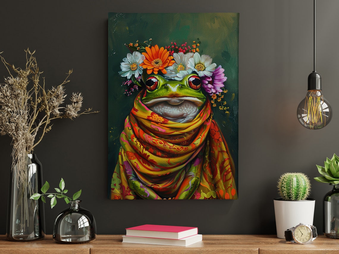 Green Frog Flower Crown Colorful Scarf Whimsical Animal Art Poster - Image 5