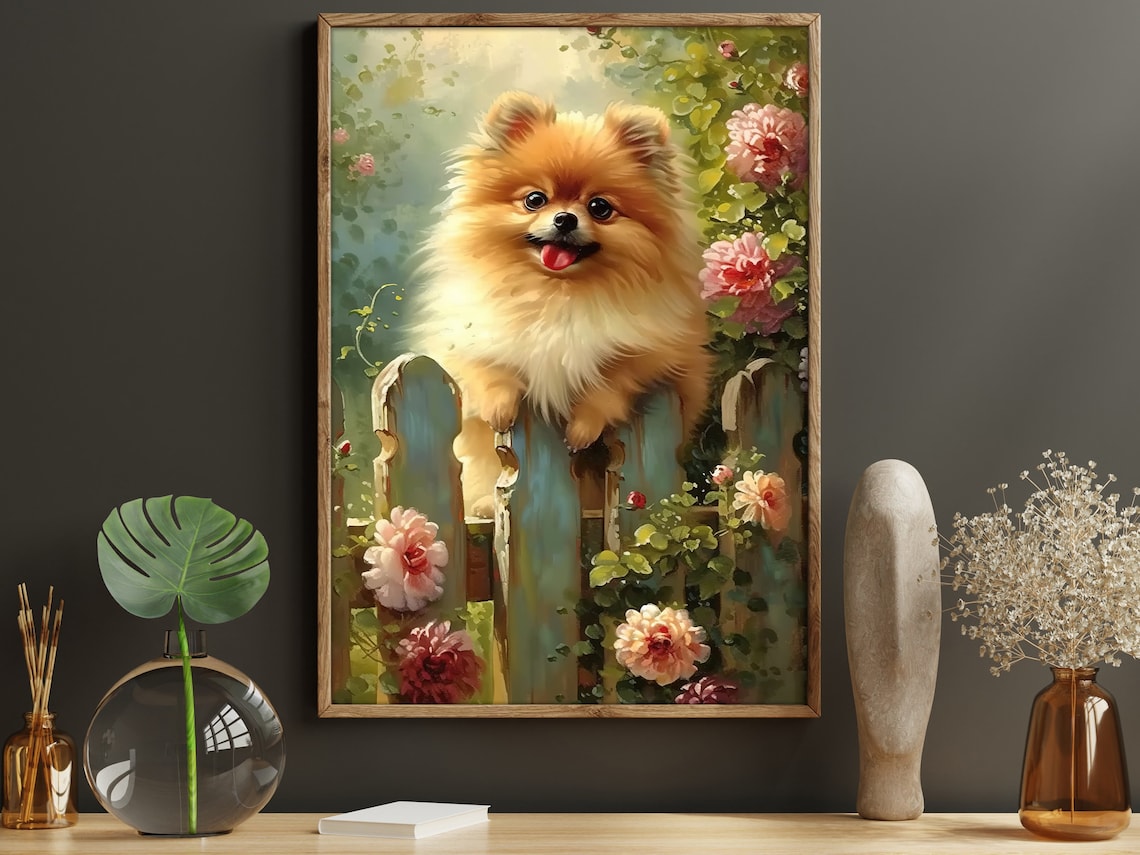 Fluffy Pomeranian Puppy On Garden Fence With Pink Roses Dog Poster