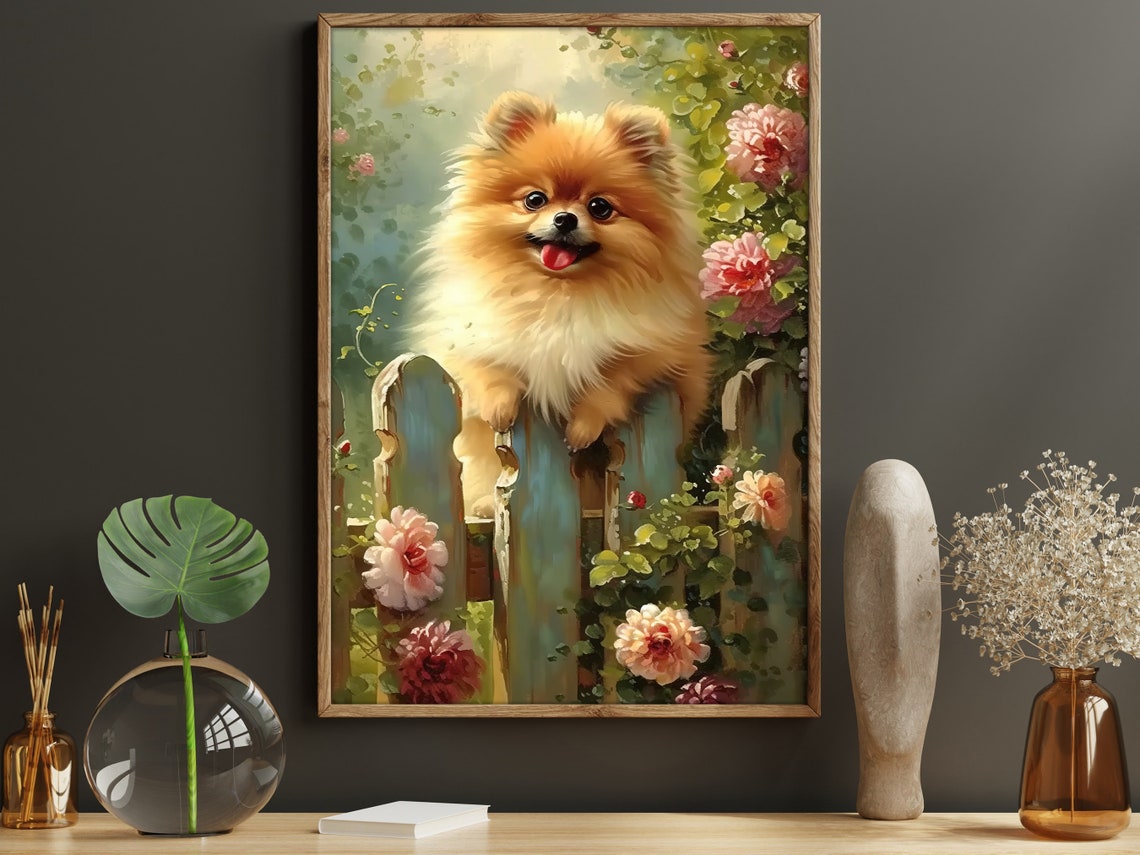 Vintage Cute Dog On The Fence Oil Painting Dog Print Dog Print Flowers Poster Print Pet Wall Art Dog Lovers Gift